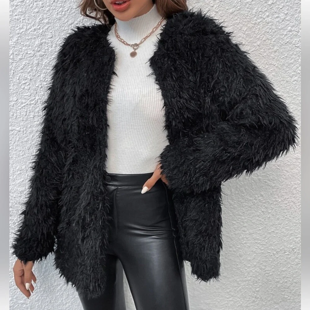 Cozy Faux Vegan Fur Open Front Jacket Coat Hot Pink - Picture 14 of 14